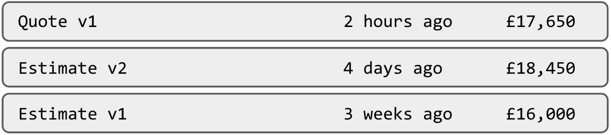 three examples: Quote v1, Estimate v2, Estimate v1