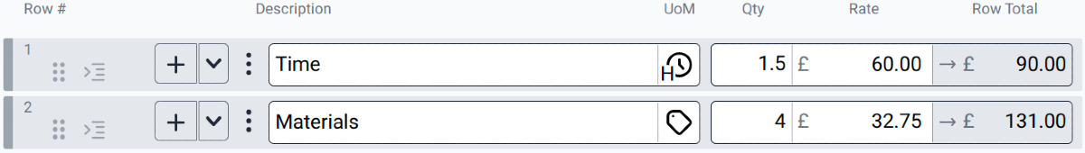 two rows in an app showing time and materials